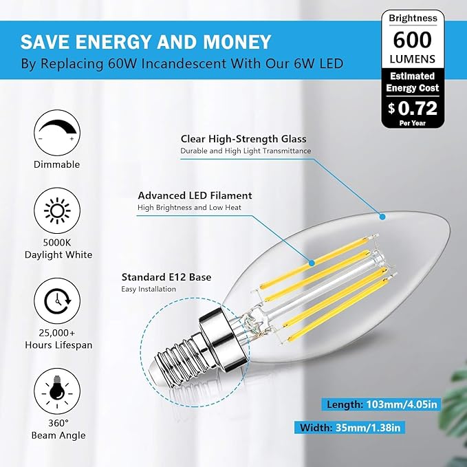 48-Pack Dimmable E12 LED Candelabra Bulbs 60W Equivalent, 5000K Soft Warm White, 600 Lumens B11 Candle Base 6W C35 LED Filament Vintage Light Bulbs, Clear Glass for Chandelier Ceiling Fan High CRI 90+