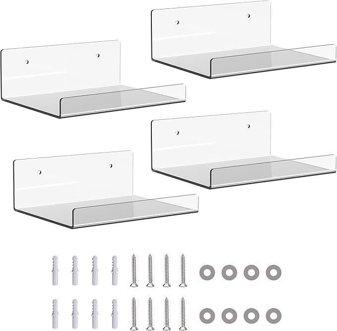 4 Pack 6-inch Wall-Mounted Acrylic Shelves Suitable for Wall-Mounted Display Rack Storage Rack Suitable for Children's Bookshelf Room Wall Decoration Bedroom Kitchen Living Room