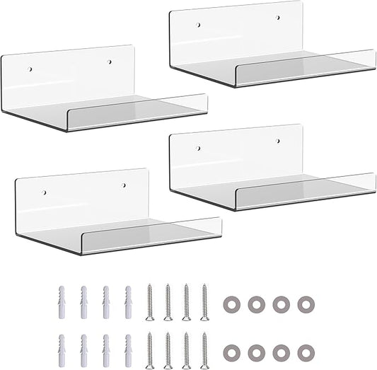 4 Pack 6-inch Wall-Mounted Acrylic Shelves Suitable for Wall-Mounted Display Rack Storage Rack Suitable for Children's Bookshelf Room Wall Decoration Bedroom Kitchen Living Room