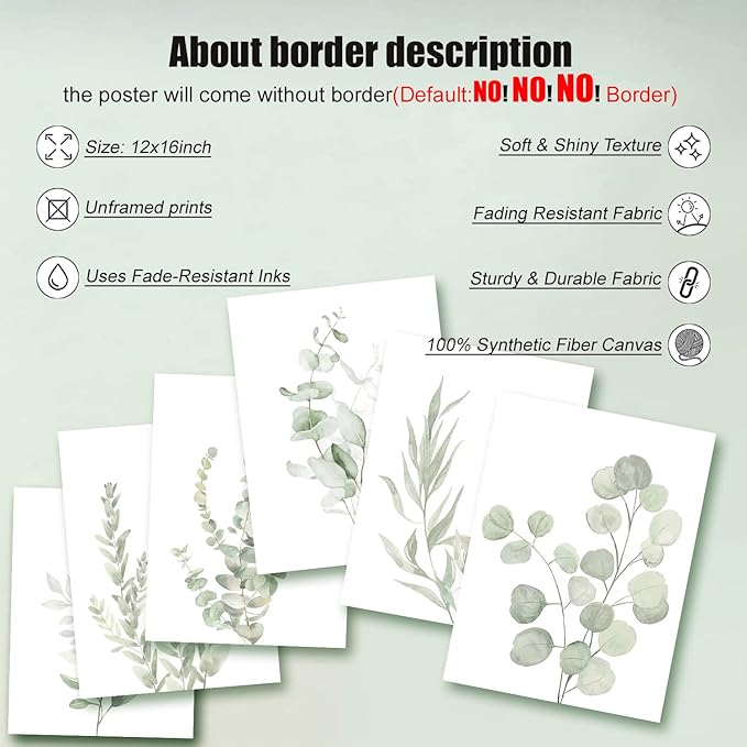 Botanical Plant Wall Art Boho Decor Prints Light Green Eucalyptus Leaf Picture Canvas Wall Art Minimalist Floral Wall Decor for Bedroom Living Room Bathroom Kitchen (Set of 6, 12x16 inch, Unframed)