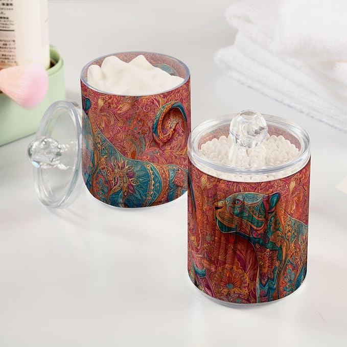 2 Pack Apothecary Jars Pastel Colored Painted Leopard Bathroom Vanity Storage Organizer Set,Small Clear Plastic Storage Jars Bathroom Canister for Cotton Swabs, Rounds, Balls, Qtips,Makeup Spon