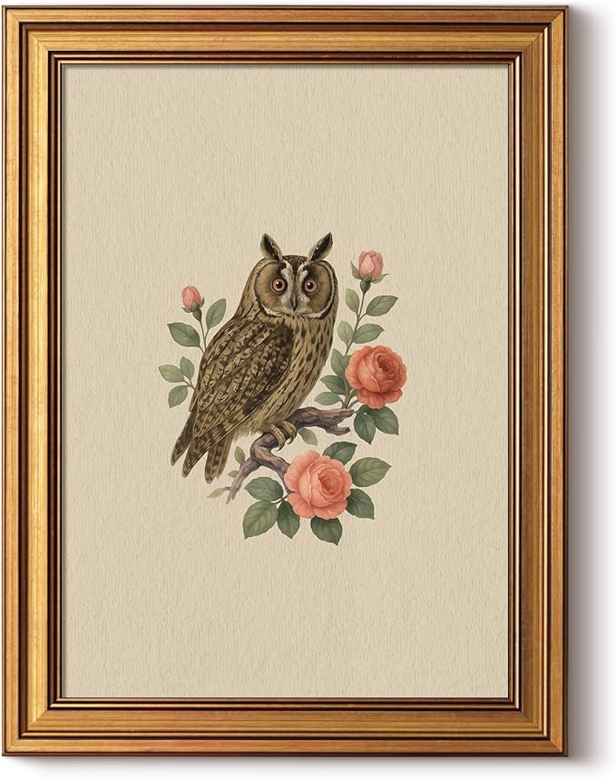 InSimSea Gold Framed Canvas Prints Wall Art, Vintage Birds Decor, Birds Owl Roses Paintings Farmhouse Wall Decor Aesthetic, Antique Minimalist Pictures for Bedroom Living Room Shelf, 12x16inch