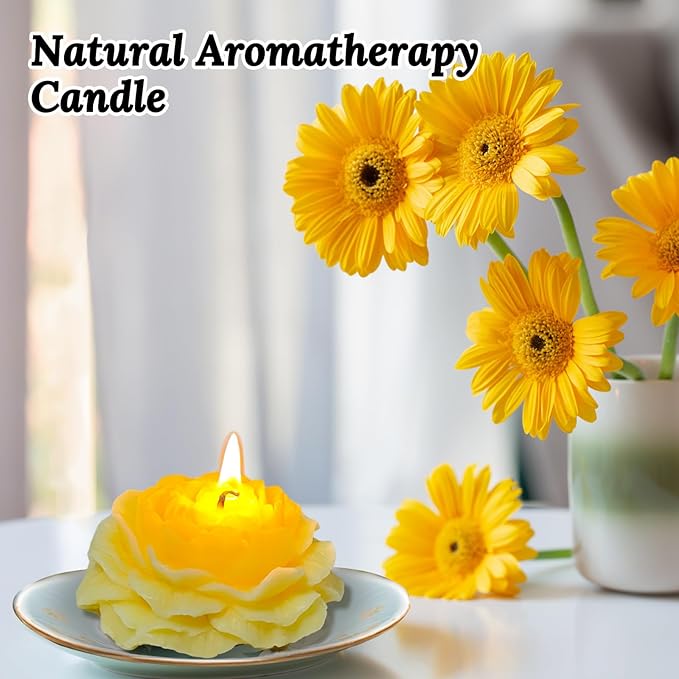 Yellow Peony Flower Shape Candles for Women - Aromatic Pastel Aesthetic Candle with Chamomile Fragrance - Christmas Gift for Friends Colleagues and Classmates (3 inch)