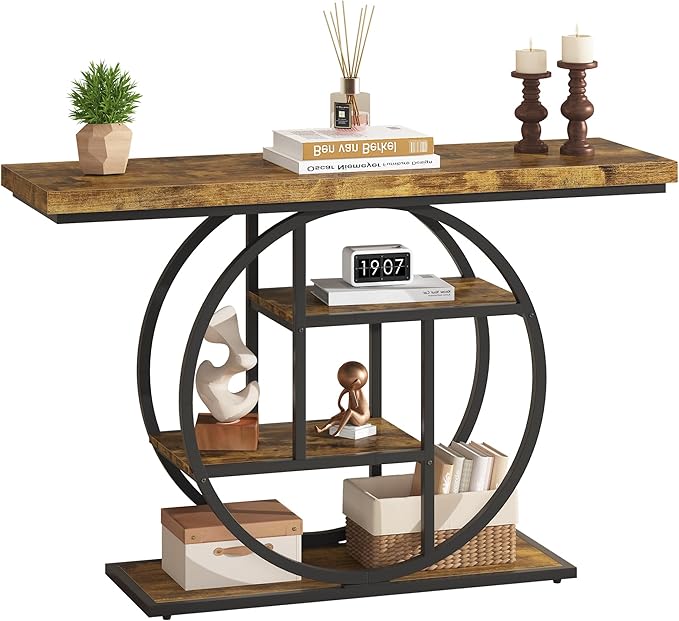 Entryway Table for Foyer,41.3 Inch Industrial Narrow Console Table,Accent Decor Living Room Furniture,Hallway & Sofa Table for Entrance,4-Tier Storage Shelves,Metal Frame,Thick Wood Top