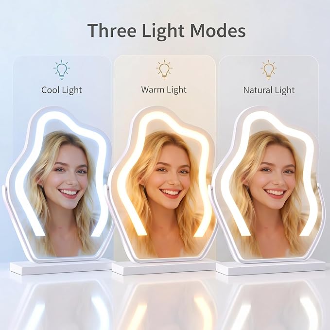 Makeup Mirror with Lights - 17″ Cloud Shaped Smart Touch 3-Color Dimmable 360° Rotation Memory Metal Frame Plug-in AC Power Tabletop Vanity Mirror Gift for Women Teen Girls White