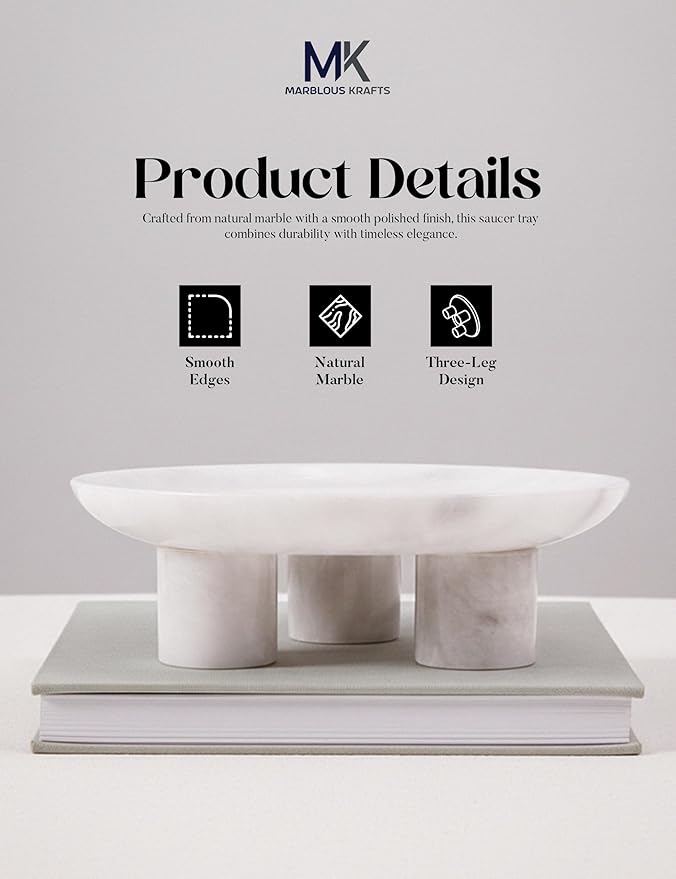 White Marble Decorative Tray 8" inch Vanity Tray Organizer and Perfume Display, Jewelry Dish for Bathroom Countertop, Ideal Home Decor
