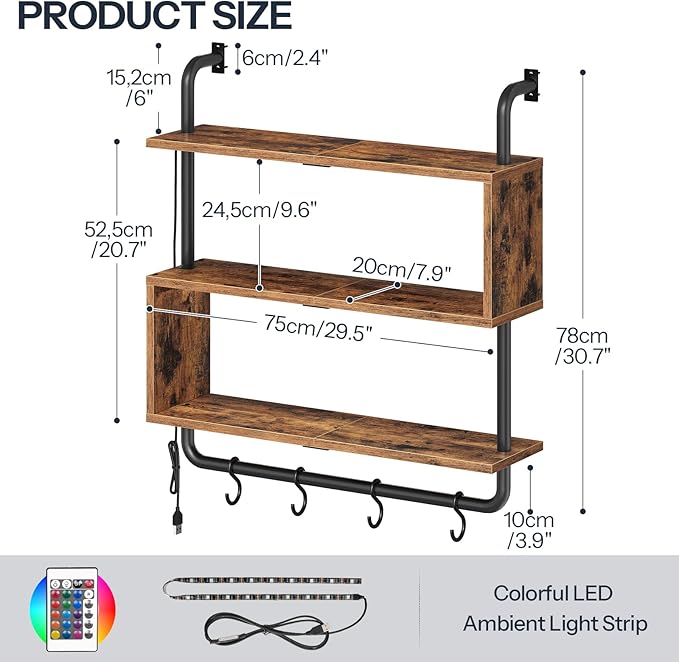 HOOBRO Floating Shelves with LED Lights, 29.5" LED Wall Mounted Gaming Shelf, 3-Tier Pipe Display Rack with Hanging Rod and 4 S-Hooks, for Storage Livingroom, Bedroom, Rustic Brown and Black BF21DBJ01
