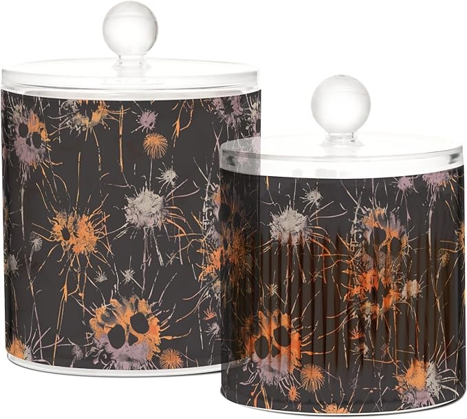 Face Dandelion Design Halloween Black Clear Plastic Makeup Organizer Storage with lid Pantry Essentials Decorative Dental floss storage jar for Cotton Swabs,Cotton Pads,Floss Picks,Paper