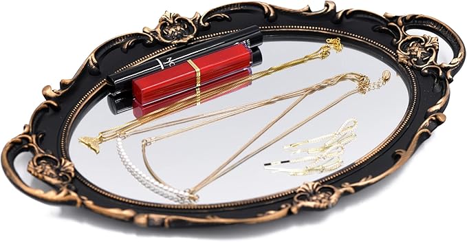Funerom Vintage 14.5 x 10 inch Decorative Mirror Tray, Makeup Organizer, Jewelry Organizer, Serving Tray (Vintage Gold)