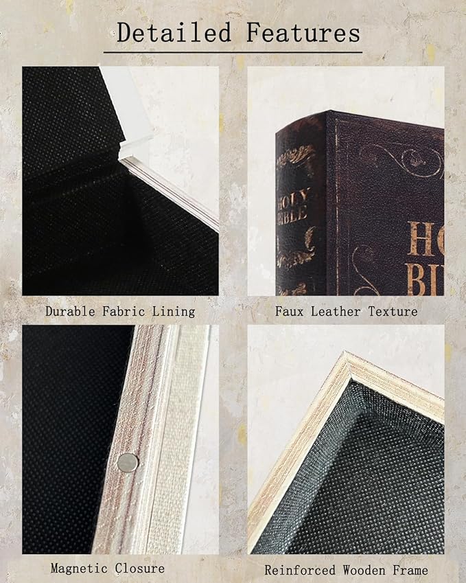 Decorative Wooden Book Box, Vintage Faux Book Boxes with Magnetic Closure, Secret Storage, Antique Look Leather Cover for Bookshelf or Office Decor (1 x Holy Bible)