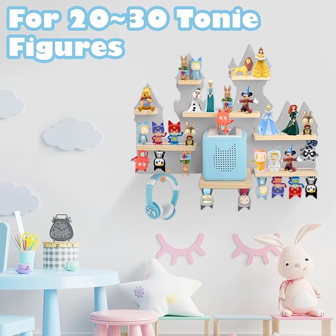 for Toniebox 2 and Toniebox 1 Tonie Shelf Wall Mounted Set,Tonies Figures Tonies Storage,Magnetic Wooden Floating Shelves Compatible with Tonie box Player Character for Children Room (grey-castles)
