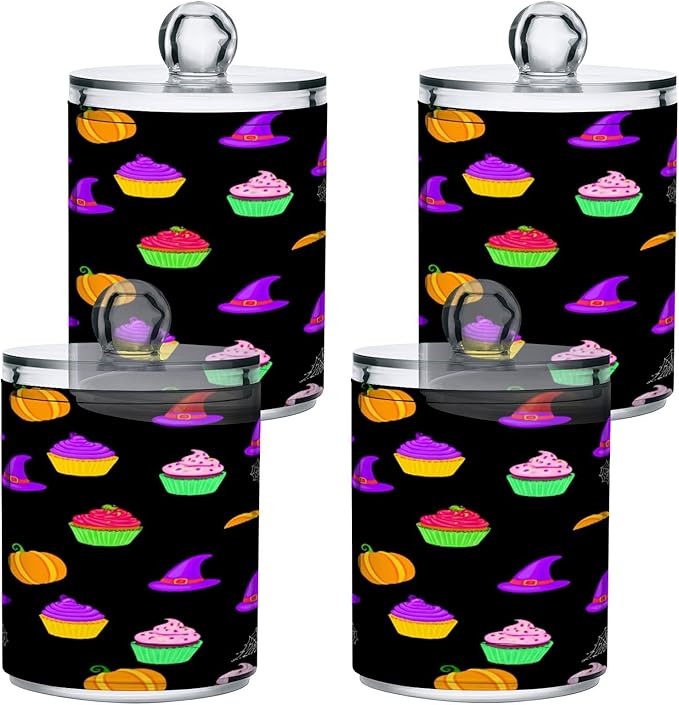 Nander 4Pack Halloween Colored Cake Qtip Holder Dispenser -Clear Plastic Apothecary Jars Set - Restroom Bathroom Makeup Organizers Containers for Cotton Swab, Ball, Pads, Floss