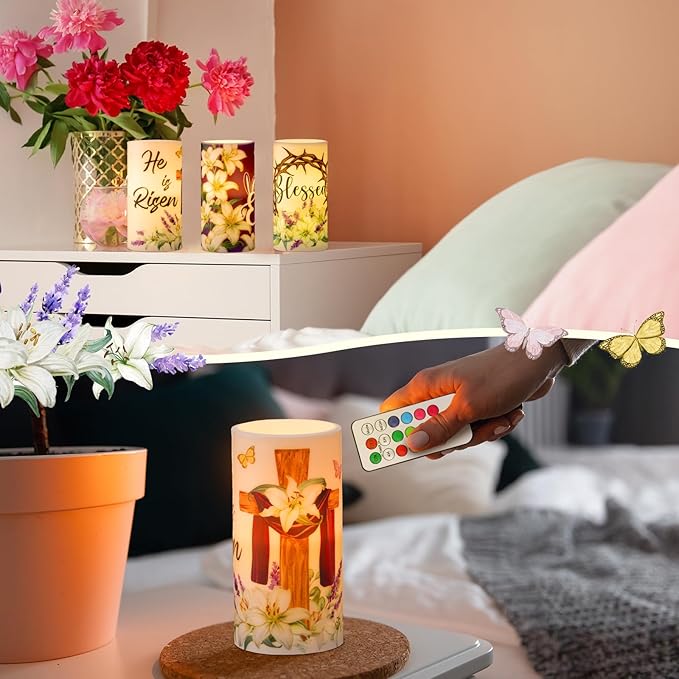 Retisee 3 Pcs He is Risen Easter LED Candles Cross Easter Flameless Candles Battery Operated with Remote Christian Bunny Flower Rabbit Spring Decor for Bedroom Living Room Decorative