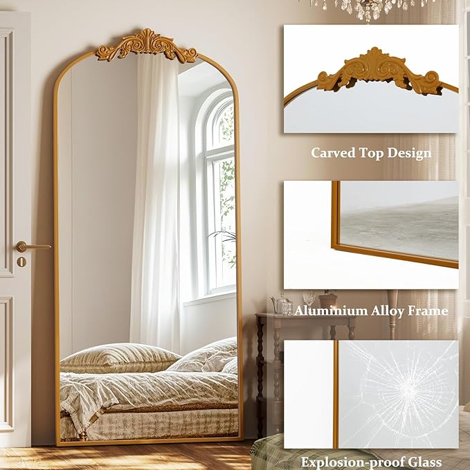 GLSLAND 71"x 32" Gold Vintage Arched Full Length Mirror - Large Carved Standing Floor Mirror with Metal Frame for Bedroom/Living Room/Entryway