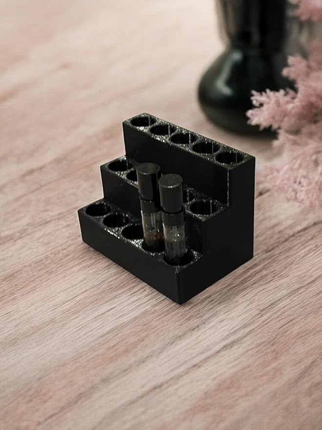 2mL Perfume Sample Organizer – Tiered Display Holder for 15 Mini Fragrance Vials, 3-Tier Perfume Tester Storage Stand, Vanity & Desk Fragrance Sample Rack (Obsidian Black)