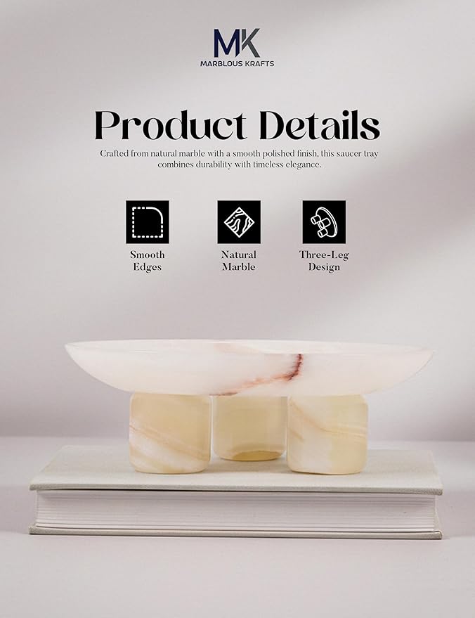 White Onyx Marble Decorative Tray 8' inch Vanity Organizer Tray for Perfume Display, Jewelry Dish for Bathroom Countertop and Luxury Home Decor