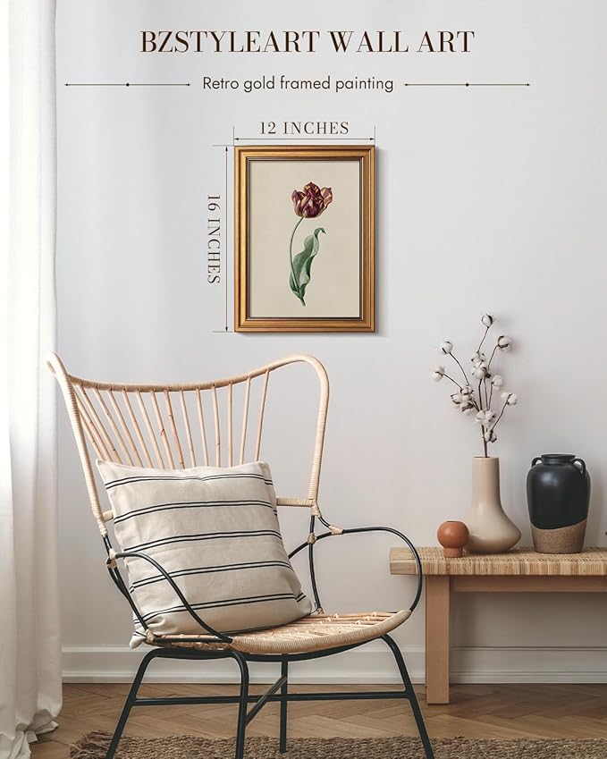 Bzstyleart Vintage Wall Art Decor for Living Room, Gold Framed Flower Wall Art Office, Canvas Vintage Artwork, Canvas Painting Picture Print Bedroom for Mom, 12 x 16 Inch Red Tulip