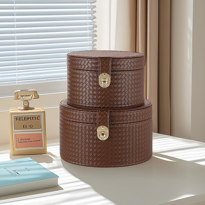 Large Leather Decorative Boxes Set of 2 Round Hat Box Bin Basket with Lid for Shelf Coffee Table Storage Remotes Modern Home Decor (brown)