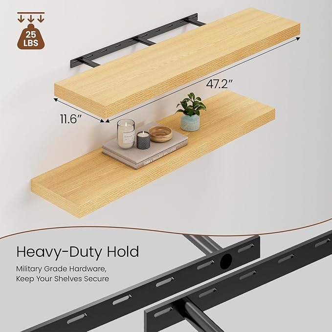 Heimlove 48W x 12D Long Floating Shelf, 12 Inch Deep Floating Shelves for Wall Set of 2, Wood Shelves for Bedroom Living Room Bathroom Kitchen Home Office, Wall Shelves with Heavy Duty Bracket, Oak