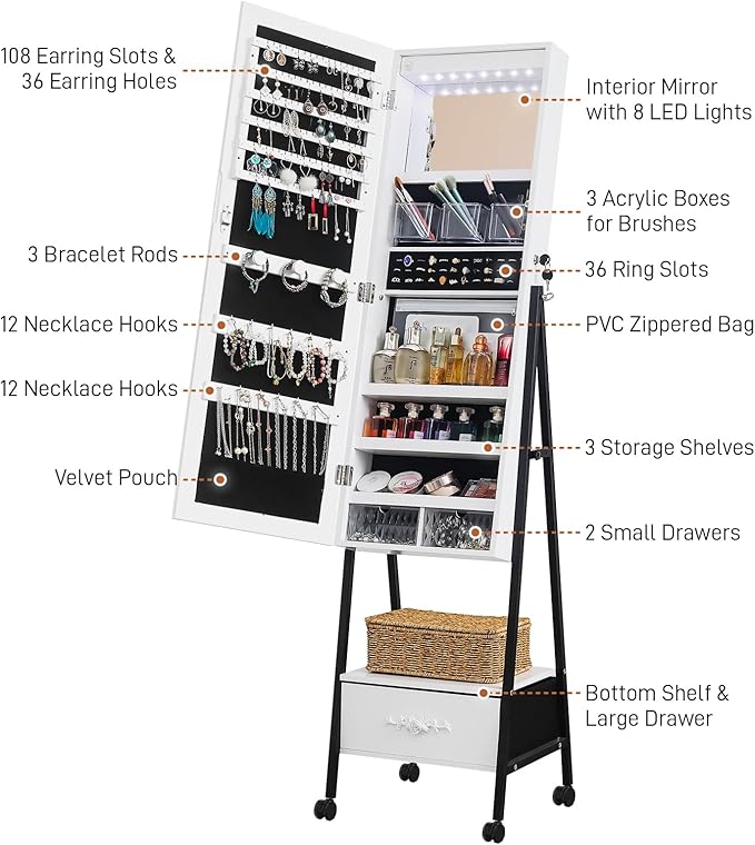 White Floor Standing Mirror Jewelry Full Mirror Armoire Cabinet, Storage Organizer w/LED Light Makeup Mirror for Bedroom Jewelry Boxes & Organizers Standing Jewelry Armoire Jewelry Cabinet 47x42x165CM