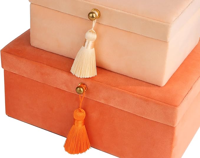 HofferRuffer Velvet Jewelry Boxes Decorative Boxes, Storage Accessory Organizer Boxes with Elegant Handle Decor, Classic Velvet Set of 2 Pieces (Orange)