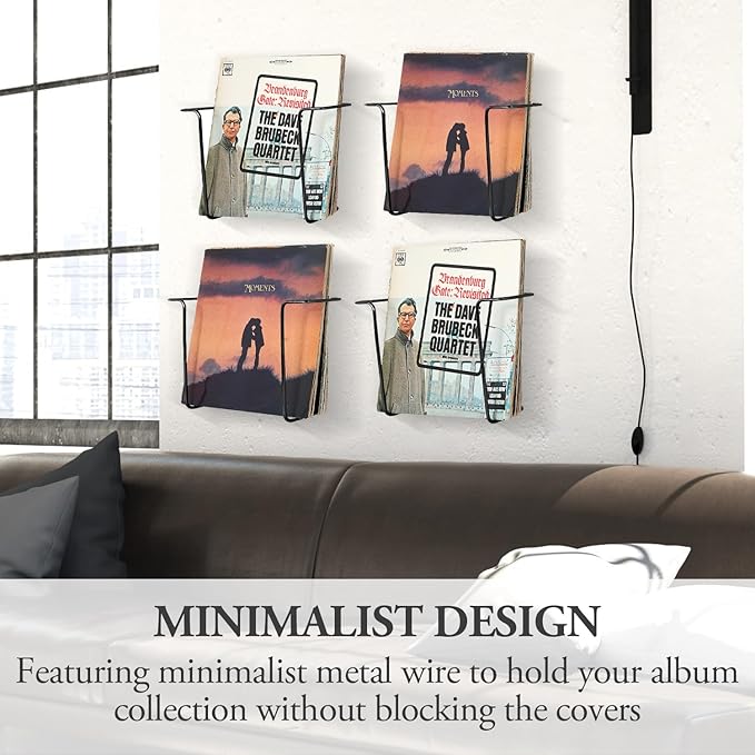 MyGift Modern Metal Wire Record Display Shelf, Vinyl Records Wall Mount Storage Racks, Hanging LP Record Holders, Floating Album Cover Display Shelves, Set of 2 (Black- 4 Pcs)