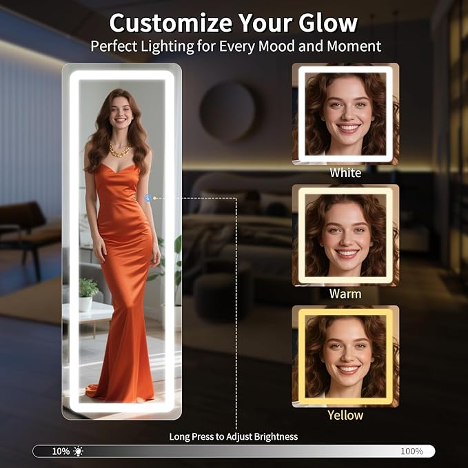Koonmi Full Length Mirror with LED Lights, 65"x24" Lighted Mirror with Dimming & 3 Color Lighting, Big Mirror for Bedroom, Dressing Room, Rectangle,White