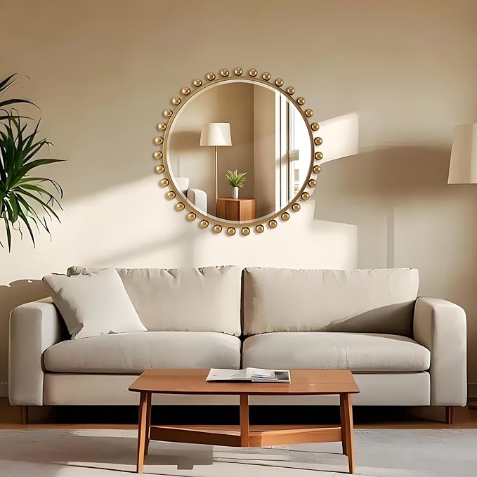30 Inch Round Wall Mirror with Antique Gold Ball Frame, Beveled Decorative Round Accent Mirror, Vintage Gold Sunburst Style Mirror for Bedroom, Living Room, Entryway, Hallway & Wall Decor