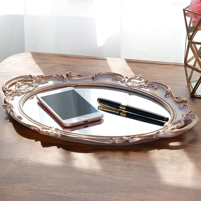 Zosenley Polyresin Ellipse Antique Decorative Mirror Tray, Makeup Organizer, Jewelry Organizer, Serving Tray, 9.8”x 14.6”, Golden Gray