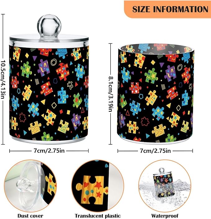 Puzzle Pieces Black Print Bathroom Containers Holder with Lids Set Clear Jars 2 Pack Plastic Makeup Storage Organizer 4.13 x 2.75In for Floss Picks Balls Vanity