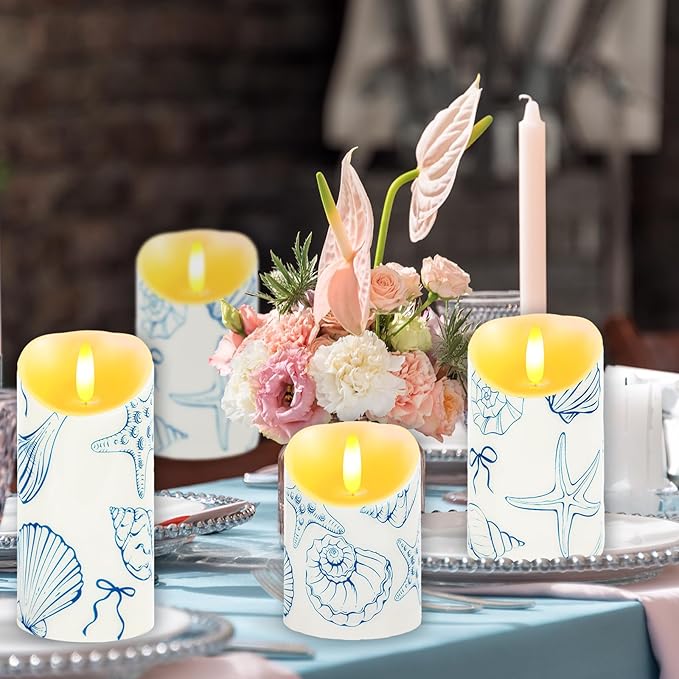 3 Pcs Blue Bow Starfish and Seashell Candles Operated LED Ocean Coastal Nautical Bow Starfish Seashell Printed Faux Candle for Under The Sea Summer Birthday Wedding Party Decor