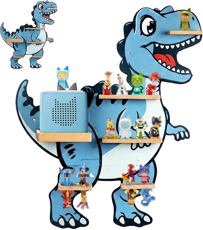 Tonie Shelf for Tonies Box 2/1 - Tonies Storage Shelf for Toniebox, Magnetic Dinosaur Wooden Floating Shelf for 30 Tonie Characters, Wall Mounted Shelf for Boys and Girls, Velociraptor