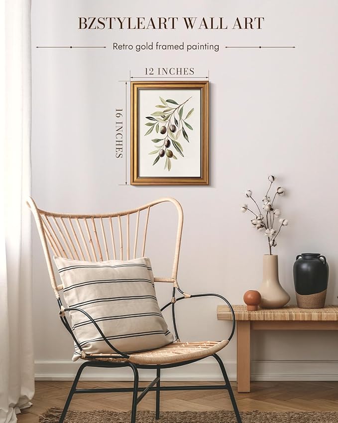 Bzstyleart Vintage Wall Art Decor for Bedroom, Watercolor Olive Branch Botanical Wall Art, Gold Framed Artwork, Vintage Botanical Prints, Room Decor Aesthetic for Kitchen, 12 x 16 Inch