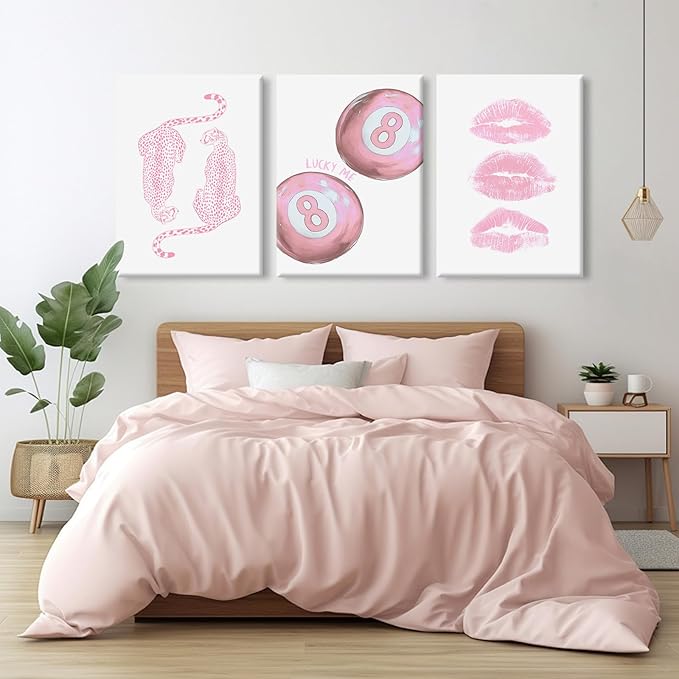 Pink Cheetah Wall Art Decor Trendy Leopard Prints Preppy Aesthetic Canvas Room Decor Y2k Leopard Wall Art 8 Ball Poster Coquette Funky Fashion Artwork for Girls Bedroom 16x24x3 Inch Wrapped Canvas