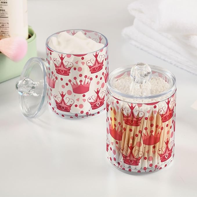 2 Pack Qtip Holder Dispenser for Cotton Ball Crown Pink Polka Dots Swab Round Pads Clear Plastic Acrylic Jar Set Bathroom Canister