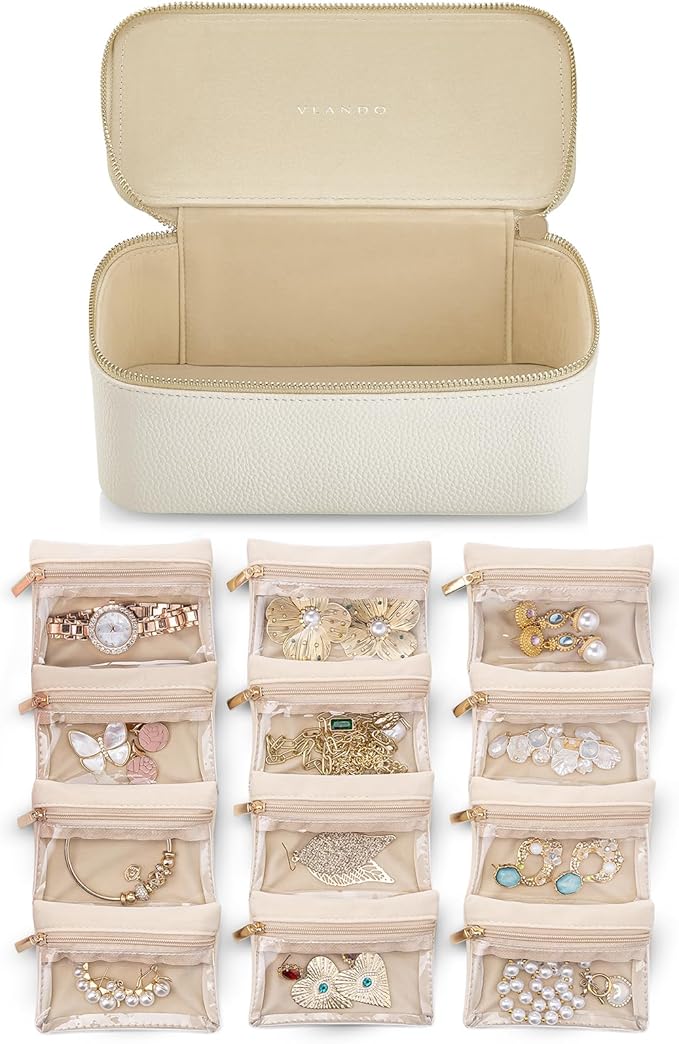 VLANDO Jewelry Travel Case,Gift for Women,Travel Jewelry Organizer with Clear Velvet Jewelry Bags Zipper Pouch for Women Girl Gift-12Pcs White