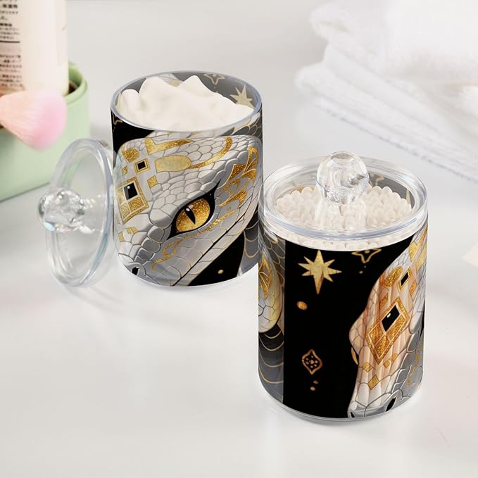 2 Pack Apothecary Jars Art White Snake Bathroom Vanity Storage Organizer Set,Small Clear Plastic Storage Jars Bathroom Canister for Cotton Swabs, Rounds, Balls, Qtips,Makeup Sponges, Flossers,B