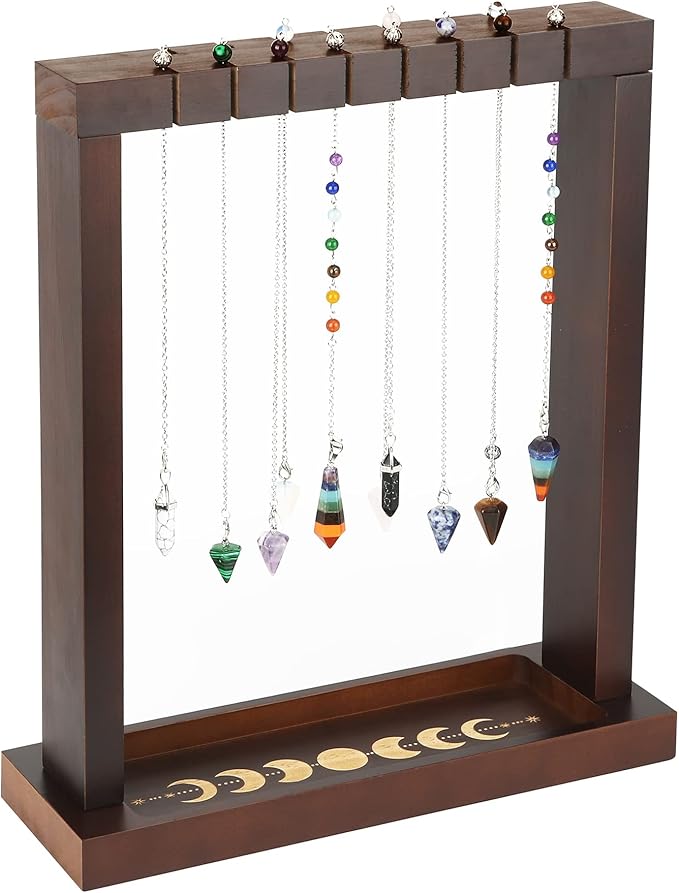 Moon Phase Pendulum Display Stand with Tray, Wood Wiccan Crystal Holder for Up 15 Pendulum, Witchcraft Supplies Witch Organizer for Incense Charging Necklace Healing Stone Gift Rack