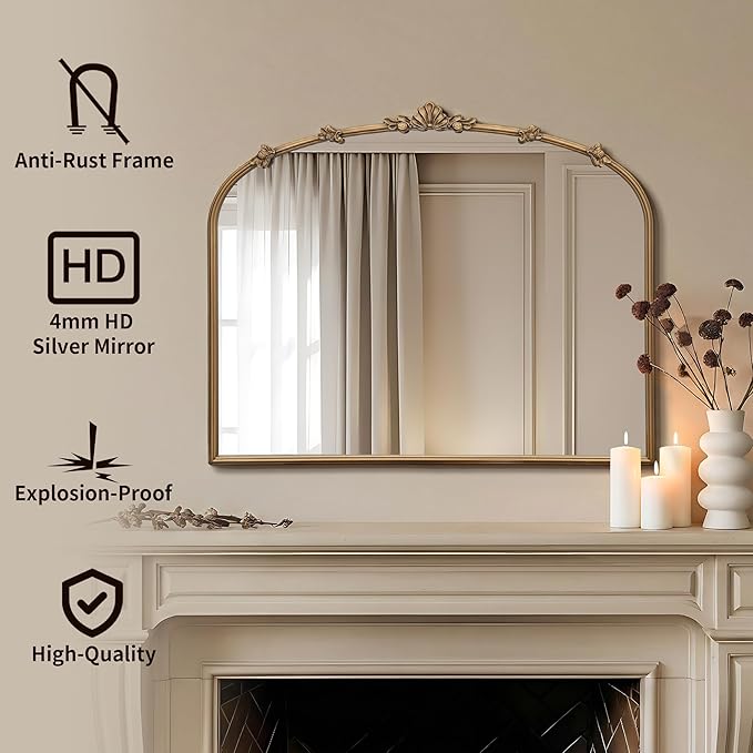 Besdomus Large Vintage Gold Mirror: 36"x29" Traditional Ornate Arched Mirror - French Baroque Antique Mirrors for Wall/Mantel/Bedroom/Entryway/Bathroom/Hallway - Home Decor for Fashion-Conscious