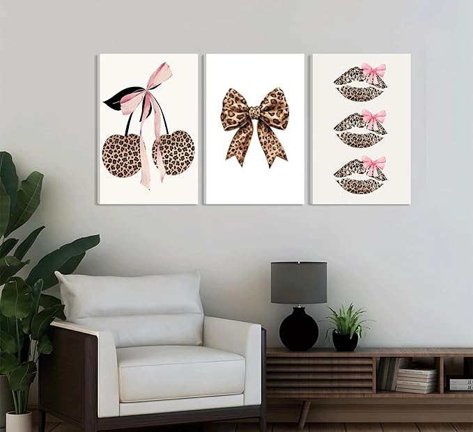 3Pcs Trendy Leopard Print Canvas Wall Art,Fashion Bow Cherry Lips Y2k Poster Pictures,Stylish Preppy Aesthetics Girls' Rooms Wall Decor for Bedroom Dorm Apartment.12x16in Framed