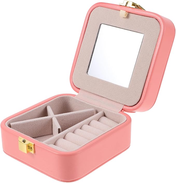 OUNONA Portable Jewelry Box with Makeup Mirror, Small Pink Necklace and Bracelet Storage Case, Travel Jewelry Organizer for Women