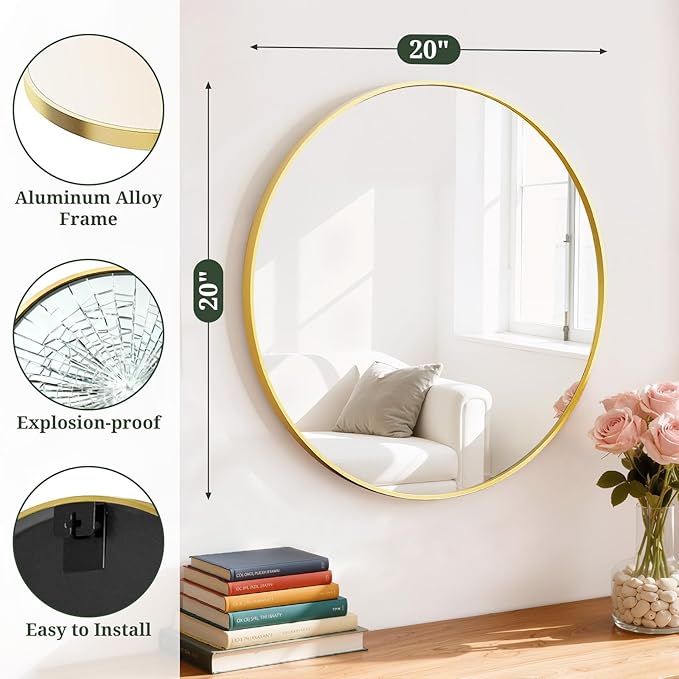 Round Wall Mirror 20 Inch Gold Vanity Mirror with Metal Frame, Modern Circle for Bathroom, Entryway, Bedroom, Living Room, Wall Mounted Decorative Mirrors