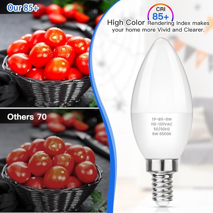 MAXvolador LED E12 Candelabra Light Bulbs 60W Equivalent, 6W B11 Candle Base, 600 Lumen Chandelier Bulb, Cool Daylight White 6500K, Non-Dimmable, Pack of 6