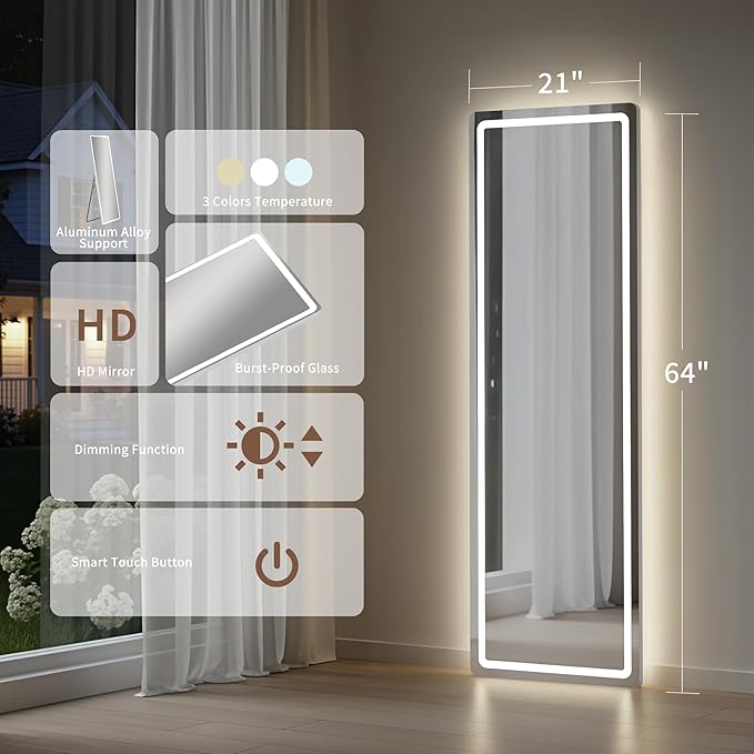 64"x21" Full Length Mirror with LED Lights, Hanging Mounted Mirrors, Aluminum Frame Mirrors with Dimming & 3 Color Lighting, Lighted Full Body Mirror for Bedroom, Dressing Room, Cloakroom