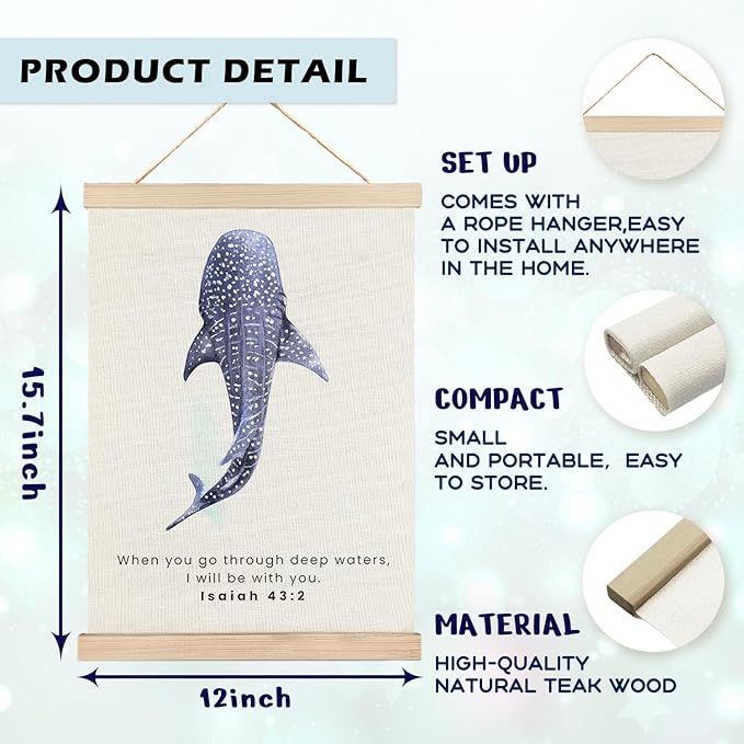 RYYCDOI Beach Costal Whale Shark Wall Decor, Christian Bible Verses Wall Decor for Droom Room Bathroom Nursery, 12x16 Inches