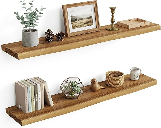Vivelove Live Edge Floating Shelves for Wall Solid Elm Wood, Rustic Farmhouse Wall Shelf with Invisible Bracket for Living Room Bedroom Bathroom Office Book, 40 Inches - Set of 2 - Natural