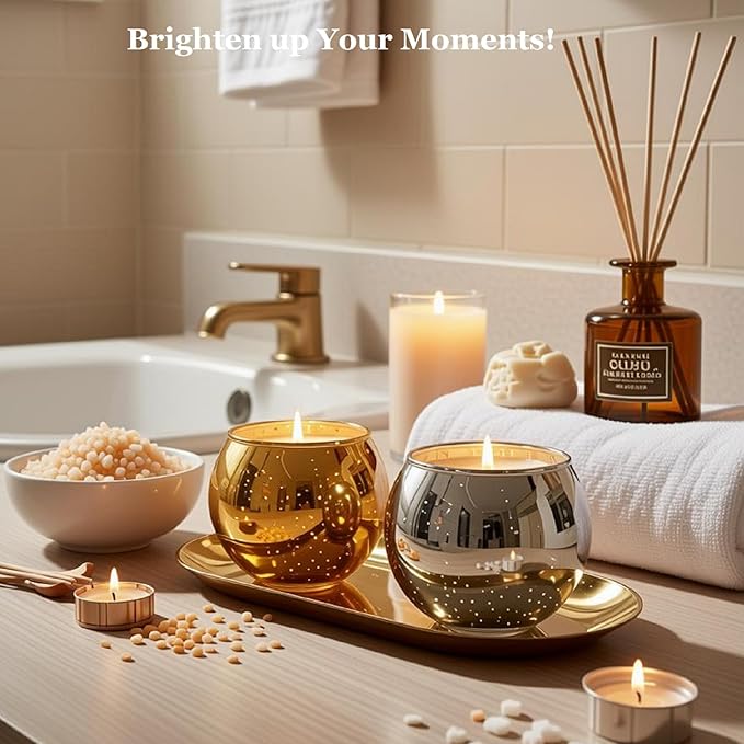 Glass Candle Holder with Golden Color Stainless Steel Tray Set, Glass Tea Light Candle Holder for Table Centerpiece, Candle Dish Coffee Table Decor Festival Home Decorations Jewelry Make Up Organizer