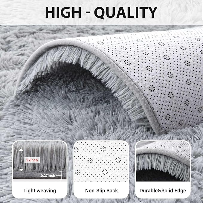 FinRèc Soft Grey Rugs for Bedroom Living Room, 4x6 Feet Fuzzy Shaggy Area Rug, Non-Slip Fluffy Furry Shag Rug for Nursery Kids Room Dorm Room Home Decor, Indoor Plush Floor Carpet