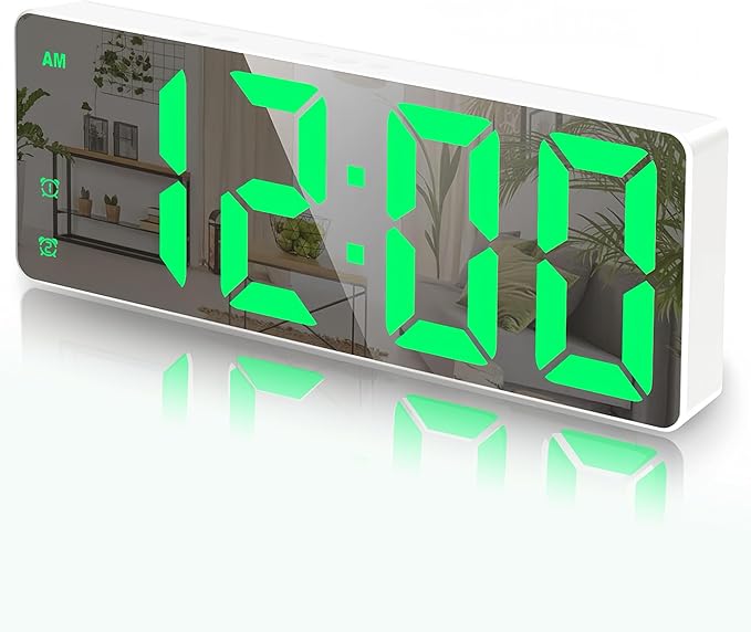 Small Digital Alarm Clock, Mirror Surface LED Electronic Clocks with Large Display, Adjustable Brightness and Snooze Model for Bedroom, Desk, Office, Whitecase Green Digit