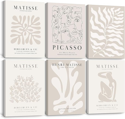 Henri Matisse Wall Art Prints Flower Abstract Canvas Pictures Aesthetic Beige Wall Art Decor Matisse Picasso Poster Gallery Vintage Painting Matisse Artwork for Bedroom 12x16 Inch Set of 6 Ready to Hang
